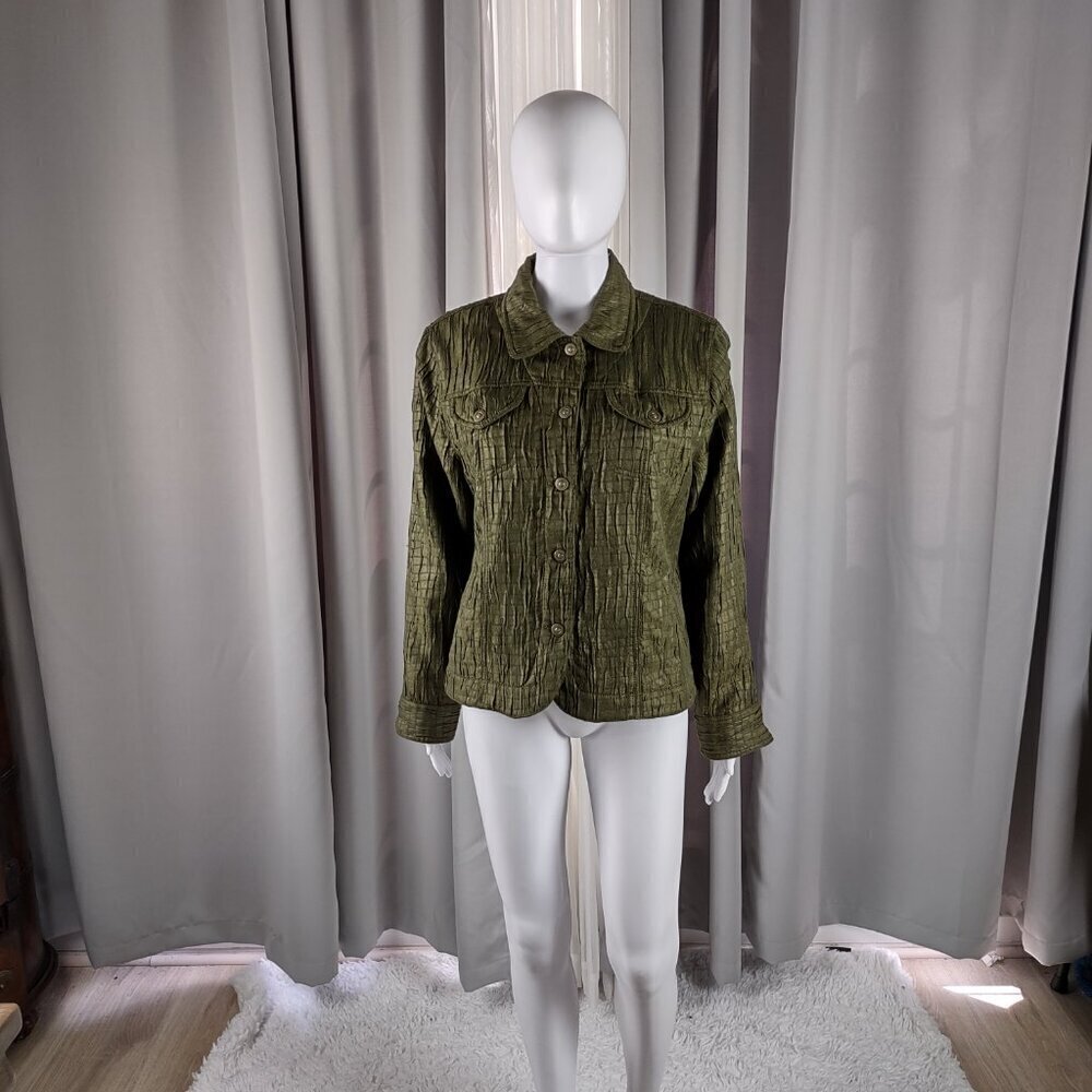Ruby Rd. Women's Olive Green Crinkle Textured Lightweight Jacket - Size 12 - Picture 2 of 13